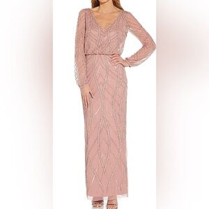 Women’s Formal Dress Size 4 Adrianna Papell Beaded Long Sleeve Maxi Blush Pink